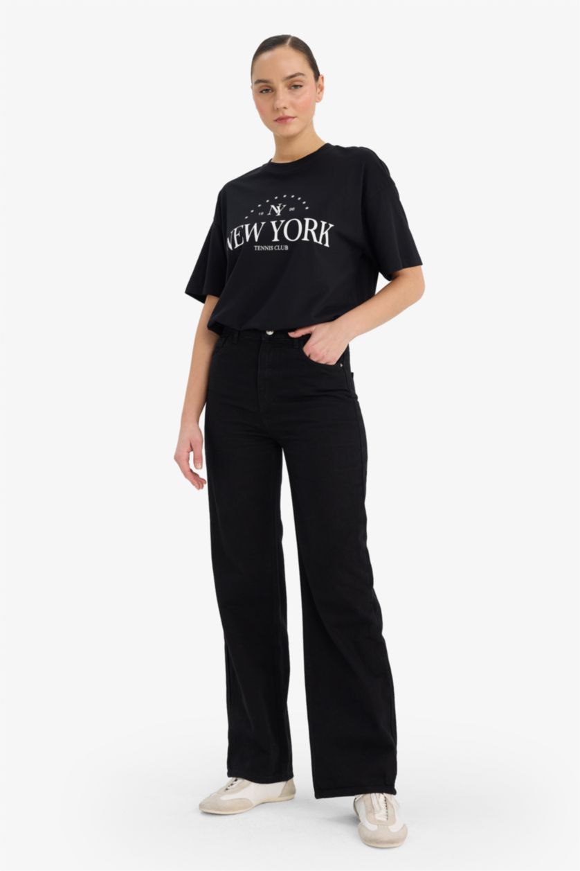 Woman Black Oversize Fit Printed Crew Neck Short Sleeve Shirt