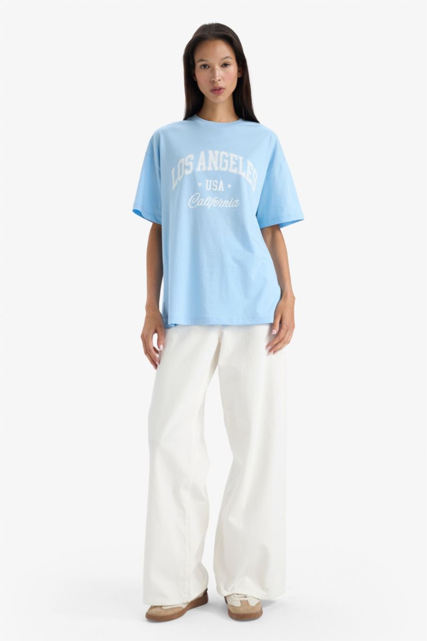 Woman Blue Oversize Fit Crew Neck Short Sleeve T-shirt