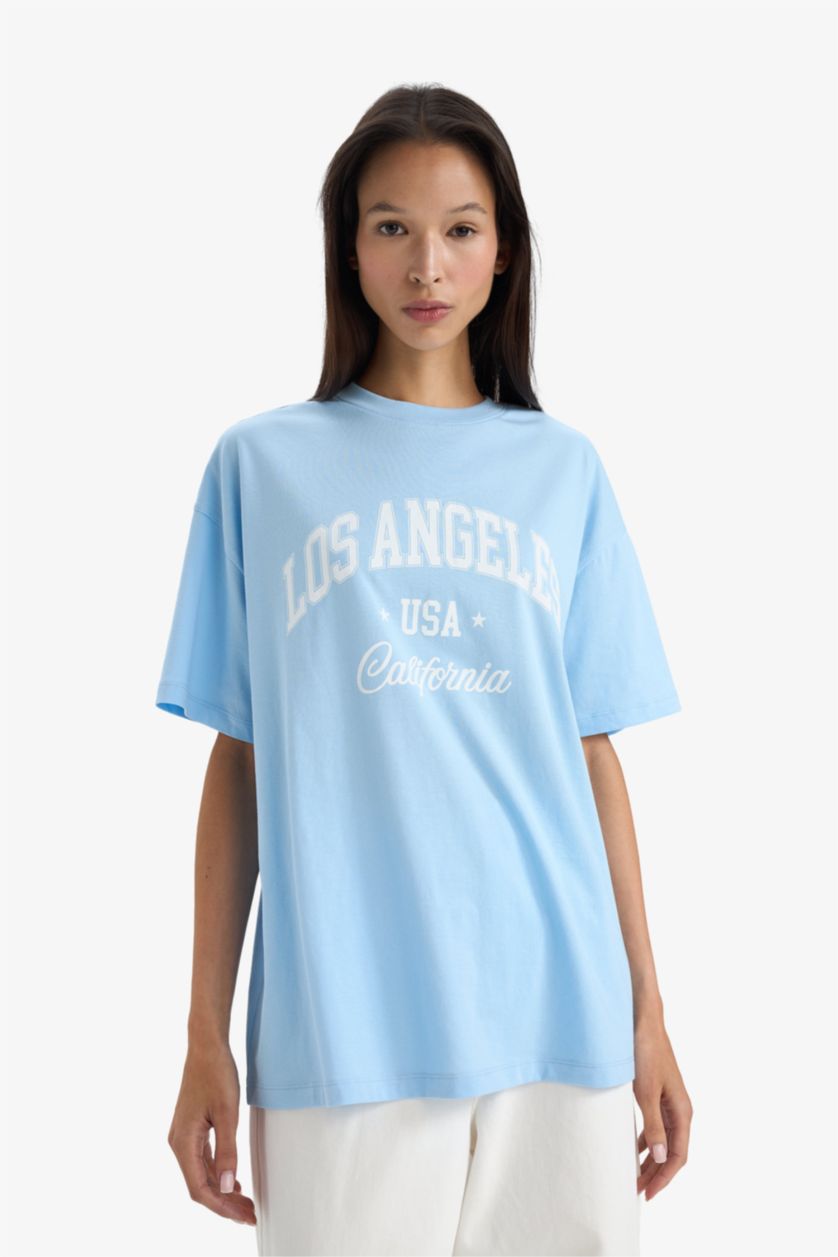 Woman Blue Oversize Fit Crew Neck Short Sleeve T-shirt