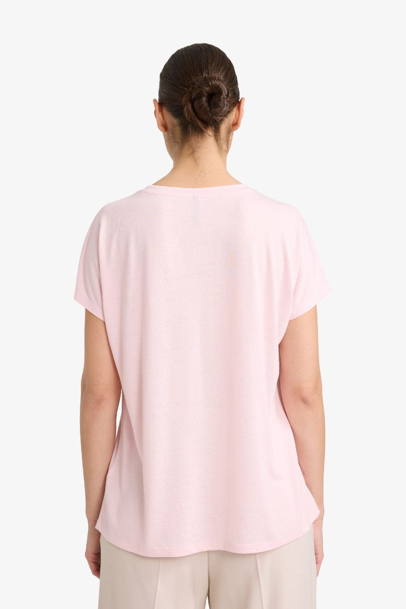 Woman Light Pink Regular Fit Crew Neck Floral Short Sleeve T-Shirt