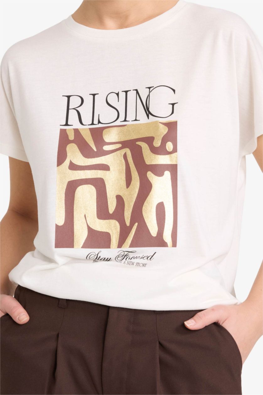 Woman Ecru À Fit Printed Crew Neck Short Sleeve T-shirt