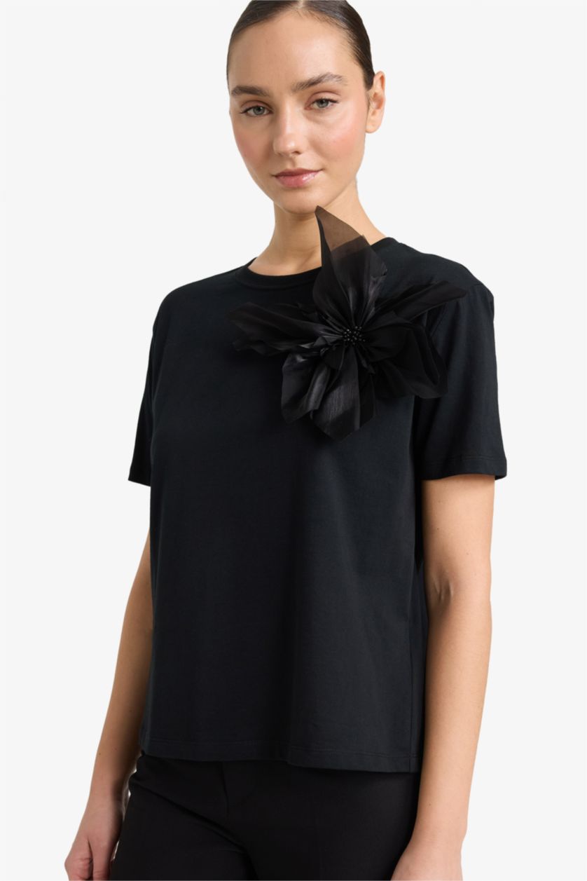 نساء أسود تيشيرت نص ردن قصة عادية ورقبة مستديرة 3D