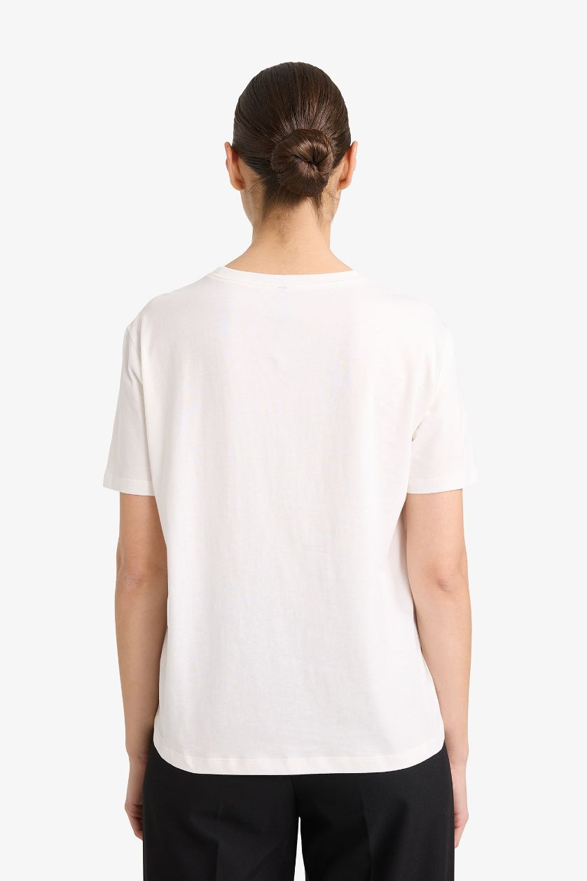 Woman Ecru Regular Fit Crew Neck 3D Cotton Short Sleeve T-Shirt