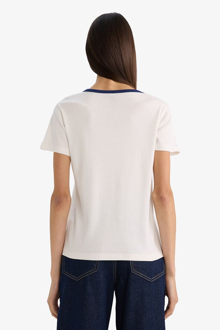 Woman Ecru Regular Fit Ribbed Printed Crew Neck T-shirt