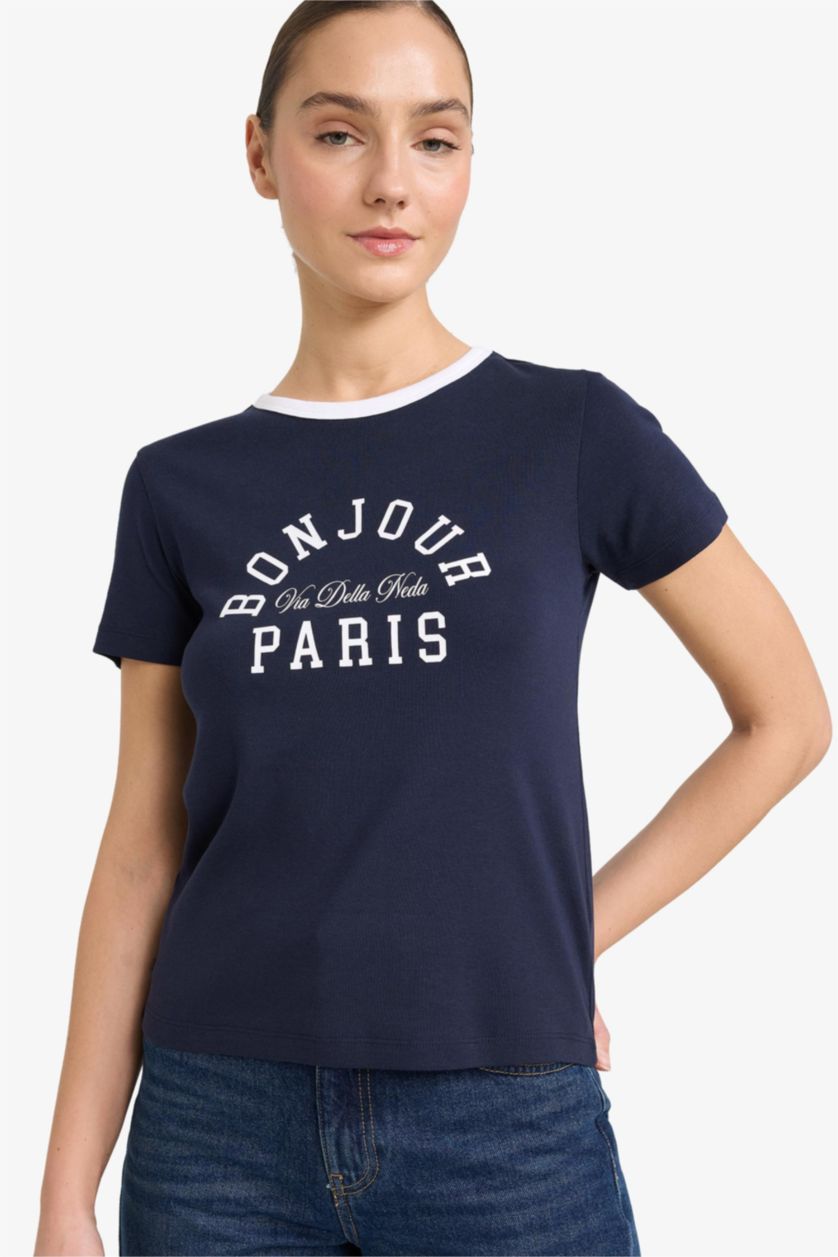 Woman NAVY Printed Crew Neck Short Sleeves T-shirt