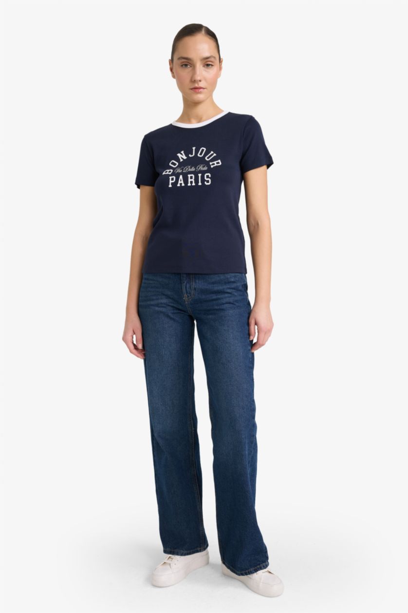 Woman NAVY Printed Crew Neck Short Sleeves T-shirt