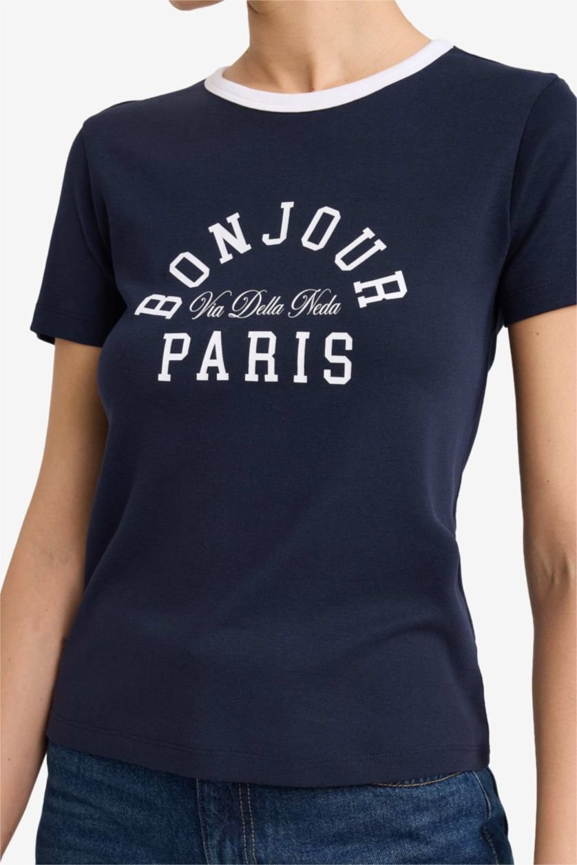 Woman NAVY Printed Crew Neck Short Sleeves T-shirt