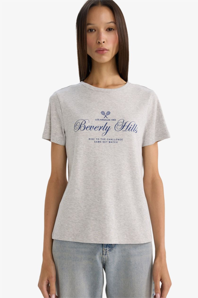 Woman Grey Melange Regular Fit Printed Crew Neck Short Sleeve T-shirt