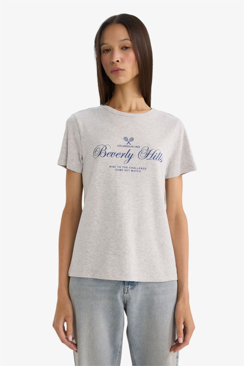 Woman Grey Melange Regular Fit Printed Crew Neck Short Sleeve T-shirt