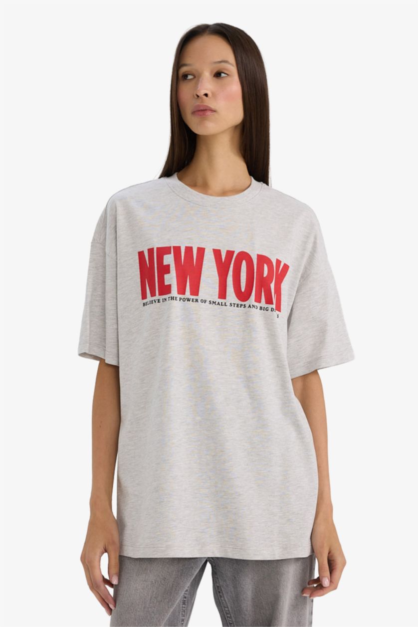 Woman Grey Melange Oversize Fit Printed Crew Neck Short Sleeve T-shirt