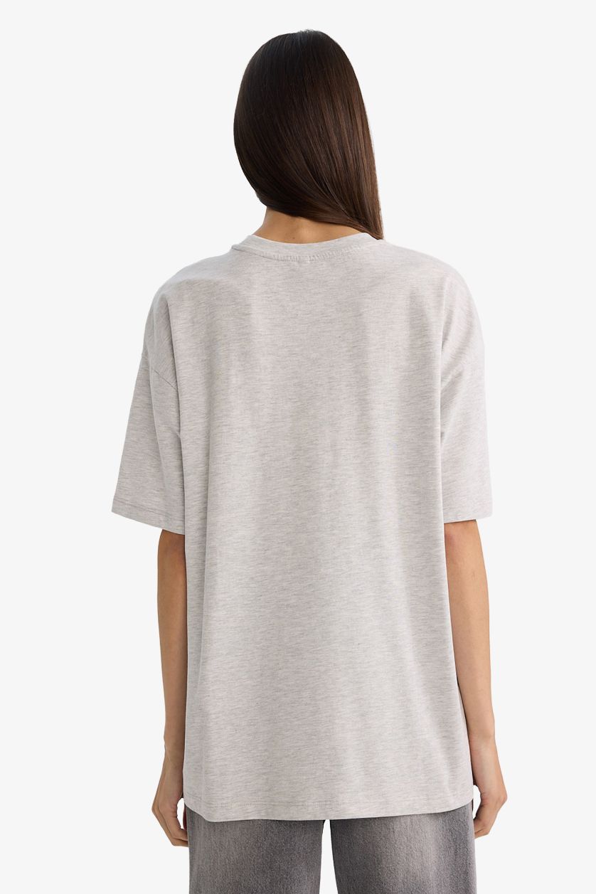 Woman Grey Melange Oversize Fit Printed Crew Neck Short Sleeve T-shirt