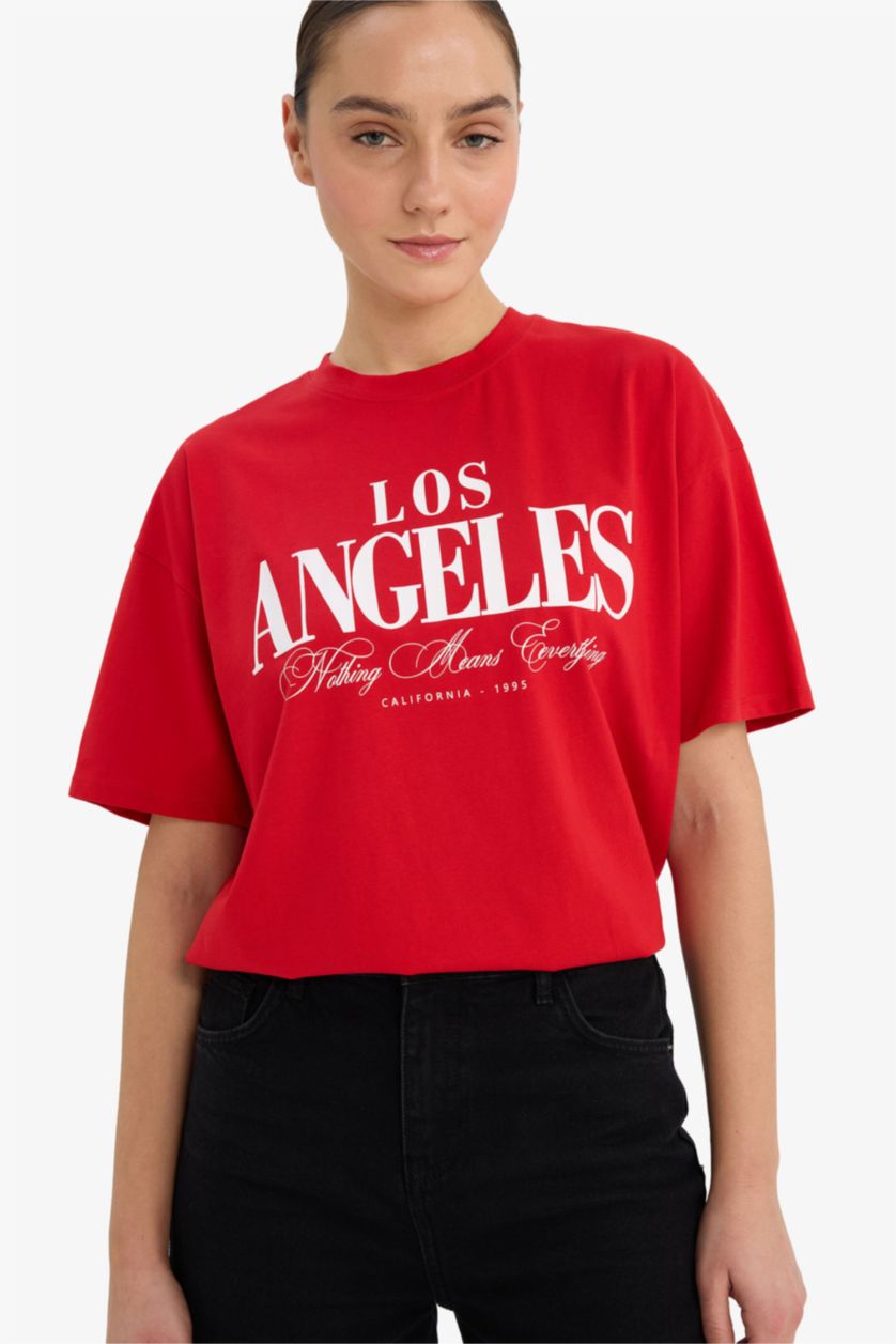Woman Red Oversize Fit Printed Crew Neck Short Sleeve T-shirt