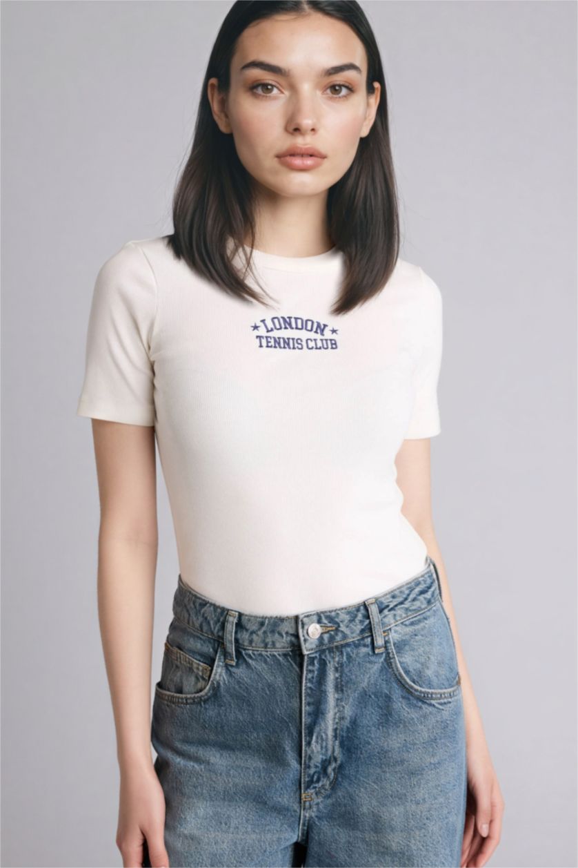 Женщины Бежевый Футболка кашкорсе Slim Fit в рубчик с круглым вырезом принтом и коротким рукавом