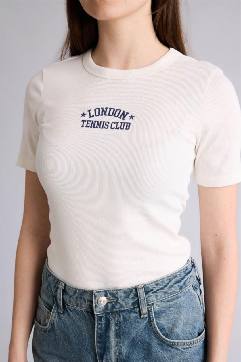 Женщины Бежевый Футболка кашкорсе Slim Fit в рубчик с круглым вырезом принтом и коротким рукавом