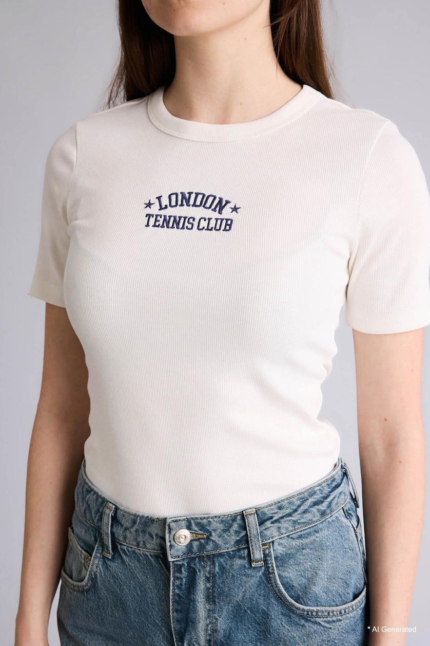 WOMAN Ecru Slim Fit Printed Crew Neck Short Sleeve T-Shirt