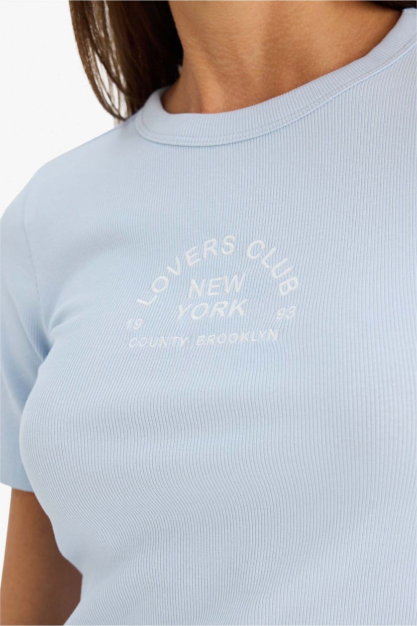 Женщины Светло-синий Футболка кашкорсе Slim Fit в рубчик с круглым вырезом принтом и коротким рукавом