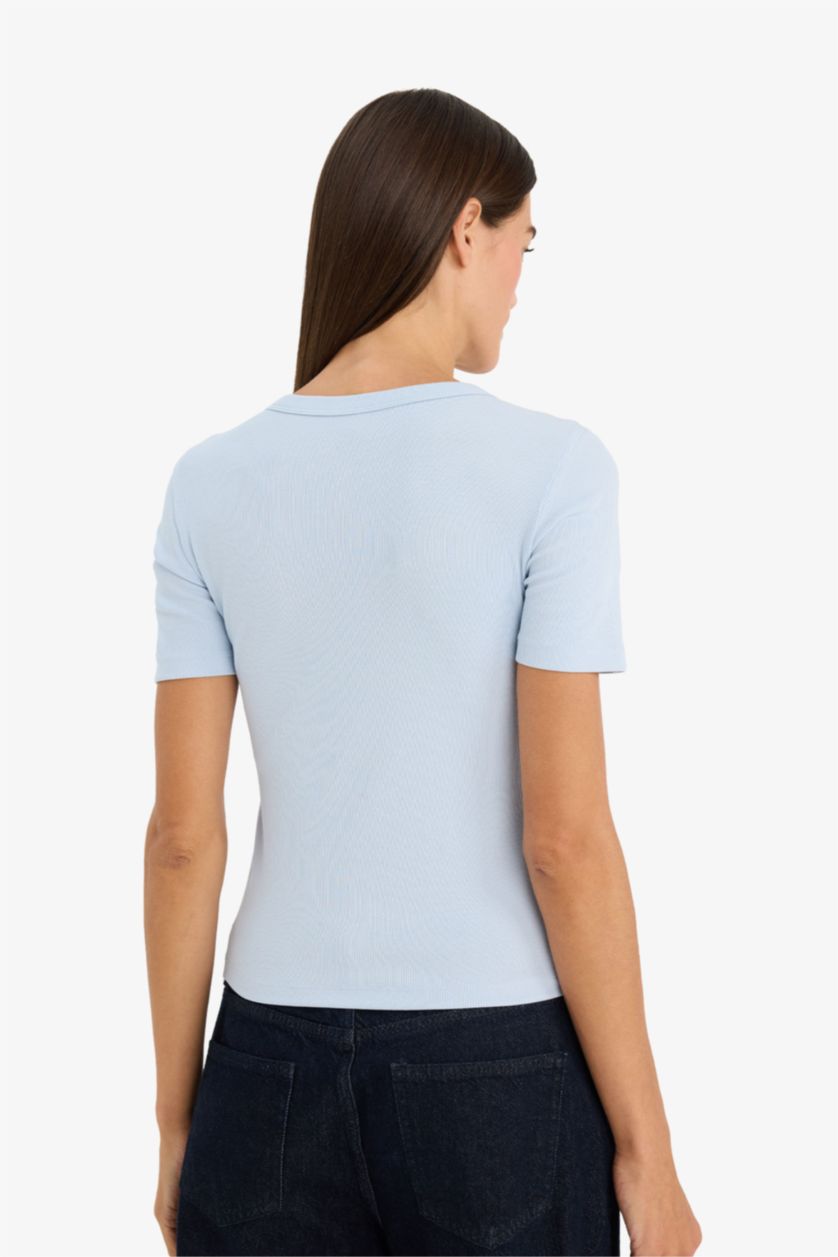 Женщины Светло-синий Футболка кашкорсе Slim Fit в рубчик с круглым вырезом принтом и коротким рукавом
