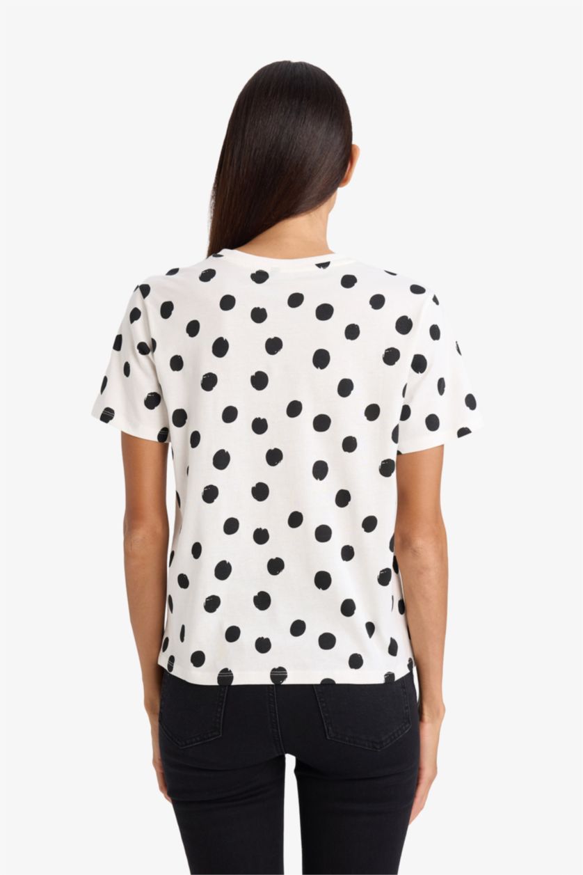 Женщины Бежевый Трикотажная футболка в горошек Regular Fit с круглым вырезом и коротким рукавом