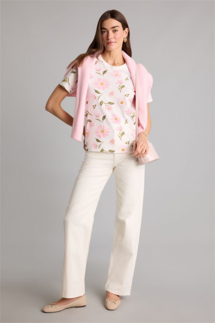 Женщины Бежевый Трикотажная футболка Regular Fit с круглым вырезом цветочным принтом и коротким рукавом