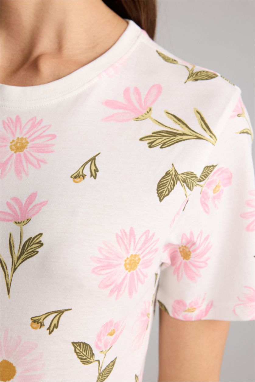 Женщины Бежевый Трикотажная футболка Regular Fit с круглым вырезом цветочным принтом и коротким рукавом