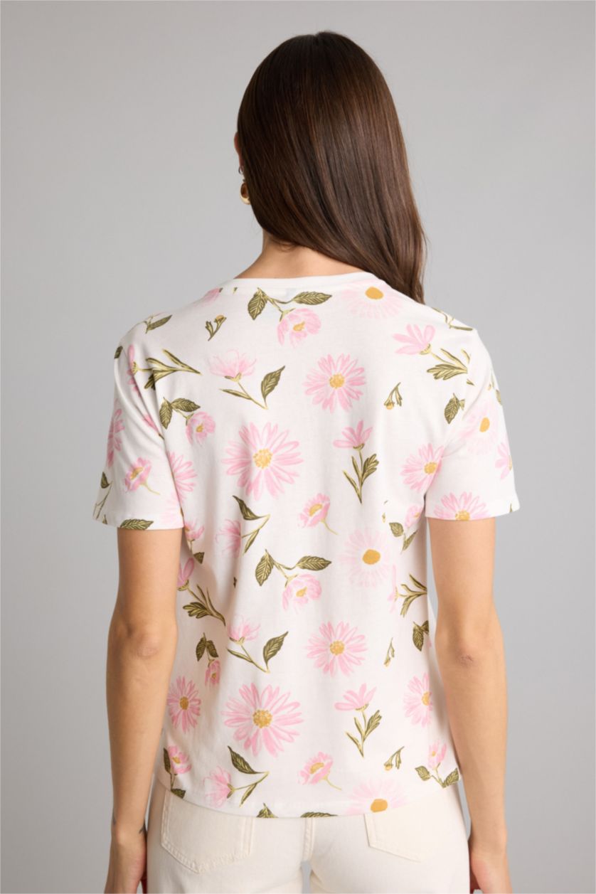 Женщины Бежевый Трикотажная футболка Regular Fit с круглым вырезом цветочным принтом и коротким рукавом