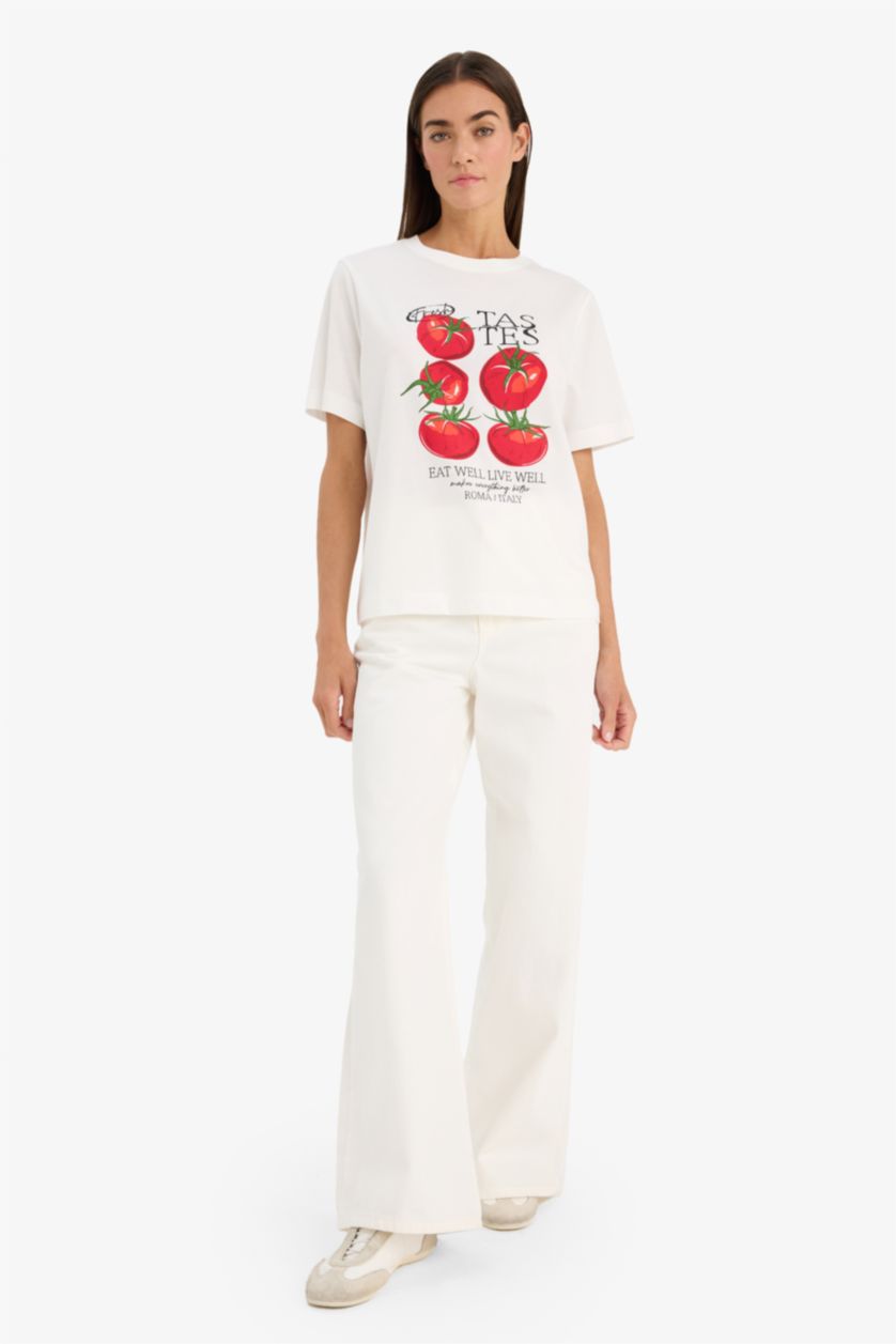 Женщины Бежевый Трикотажная футболка Relax Fit с круглым вырезом коротким рукавом и фруктовым принтом