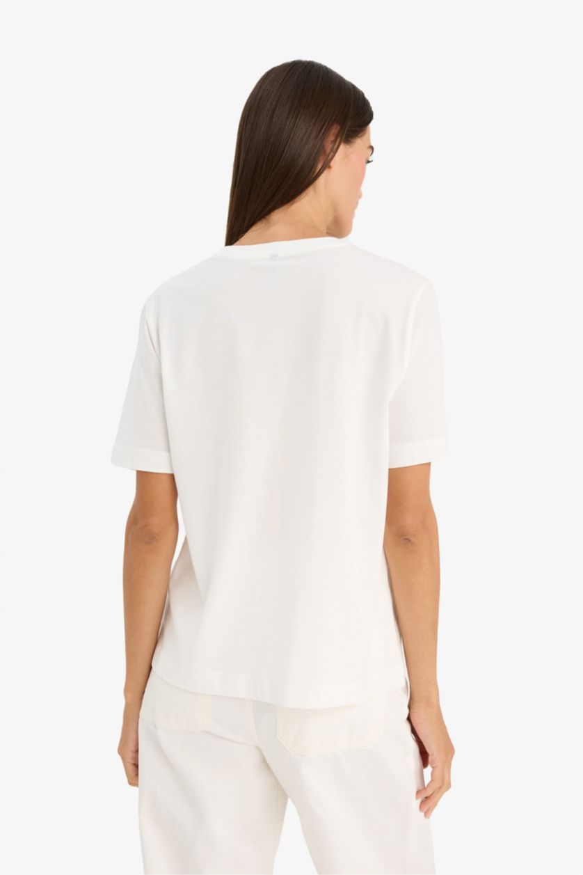 Женщины Бежевый Трикотажная футболка Relax Fit с круглым вырезом коротким рукавом и фруктовым принтом