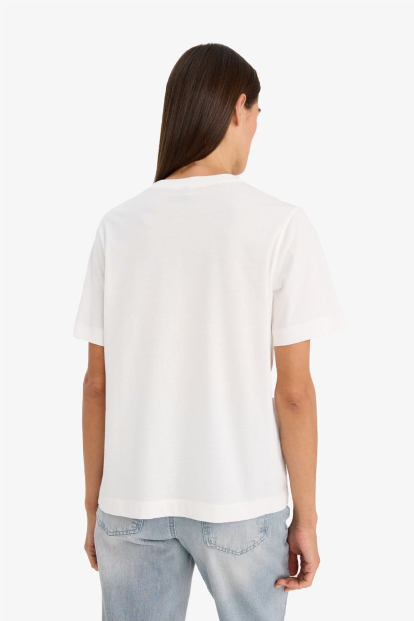 Женщины Бежевый Трикотажная футболка Relax Fit с круглым вырезом коротким рукавом и фруктовым принтом