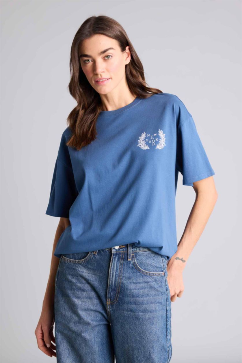 WOMAN Indigo Oversize Printed Crew Neck Short Sleeve T-Shirt