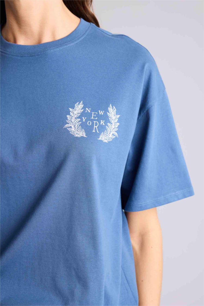WOMAN Indigo Oversize Printed Crew Neck Short Sleeve T-Shirt