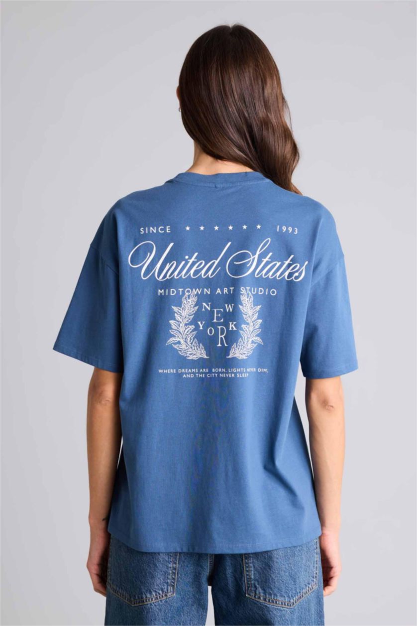 WOMAN Indigo Oversize Printed Crew Neck Short Sleeve T-Shirt