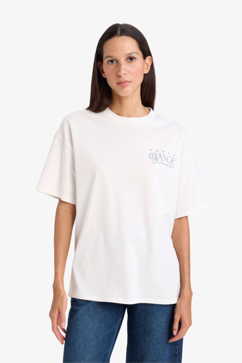 Женщины Бежевый Футболка оверсайз с цветочным узором круглым вырезом и коротким рукавом