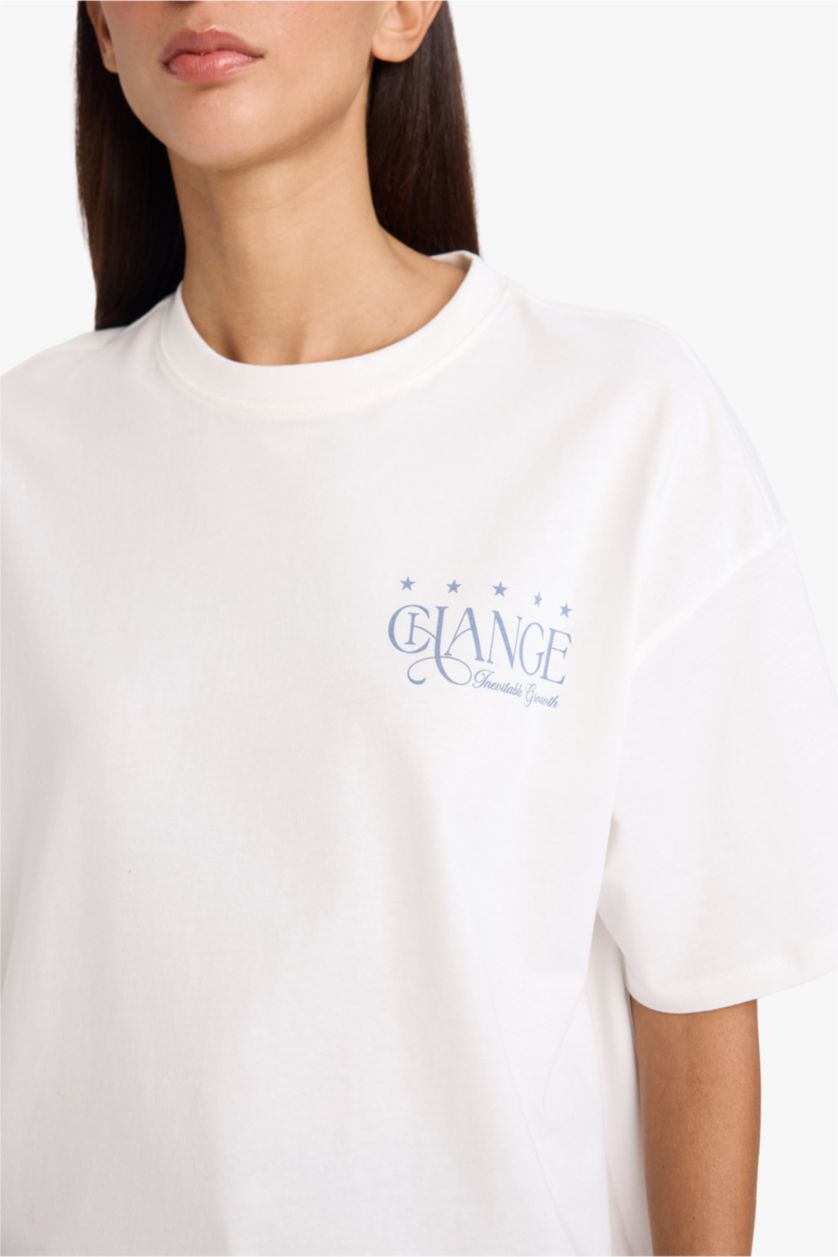 Женщины Бежевый Футболка оверсайз с цветочным узором круглым вырезом и коротким рукавом