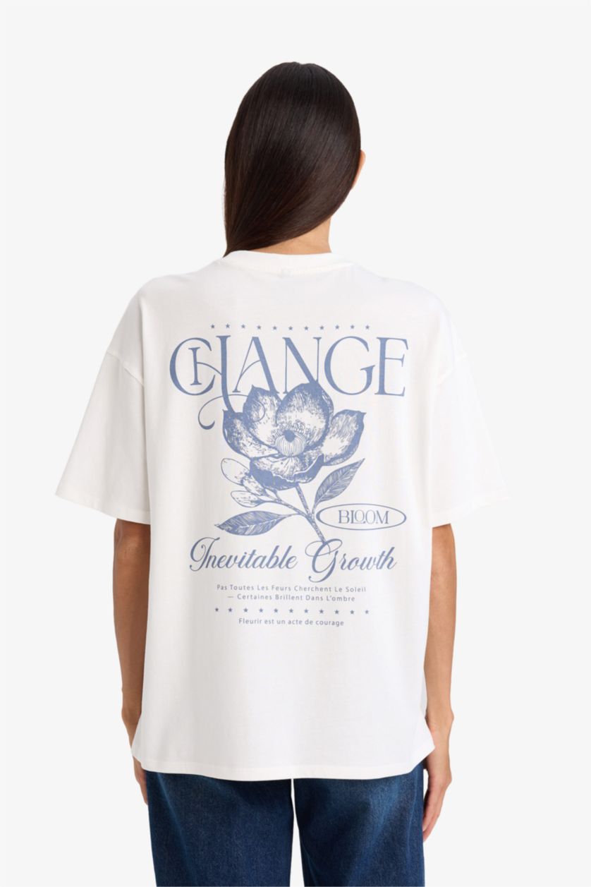 Женщины Бежевый Футболка оверсайз с цветочным узором круглым вырезом и коротким рукавом