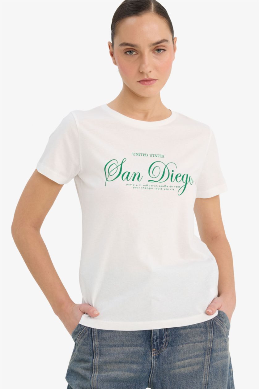 Woman Ecru Regular Fit Slogan Print Crew Neck Short Sleeve Shirt