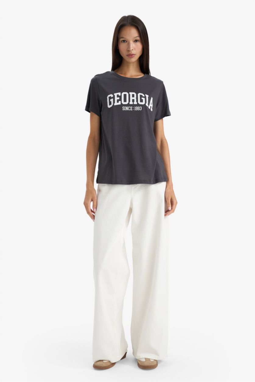 Woman Anthracite تيشيرت نص ردن قصة عادية وياخة مستديرة