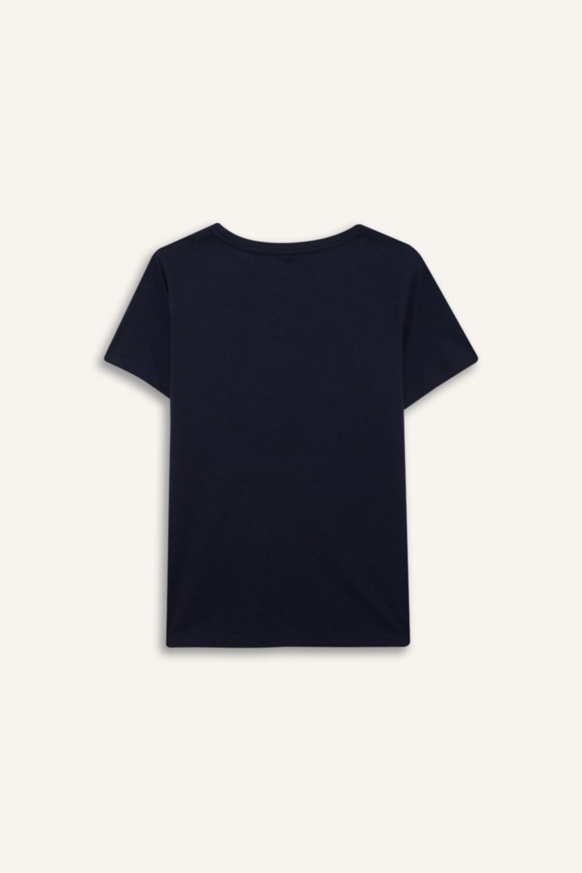 نساء كحلي تيشيرت نص ردن قصة عادية وياخة مستديرة وطبعة شعار