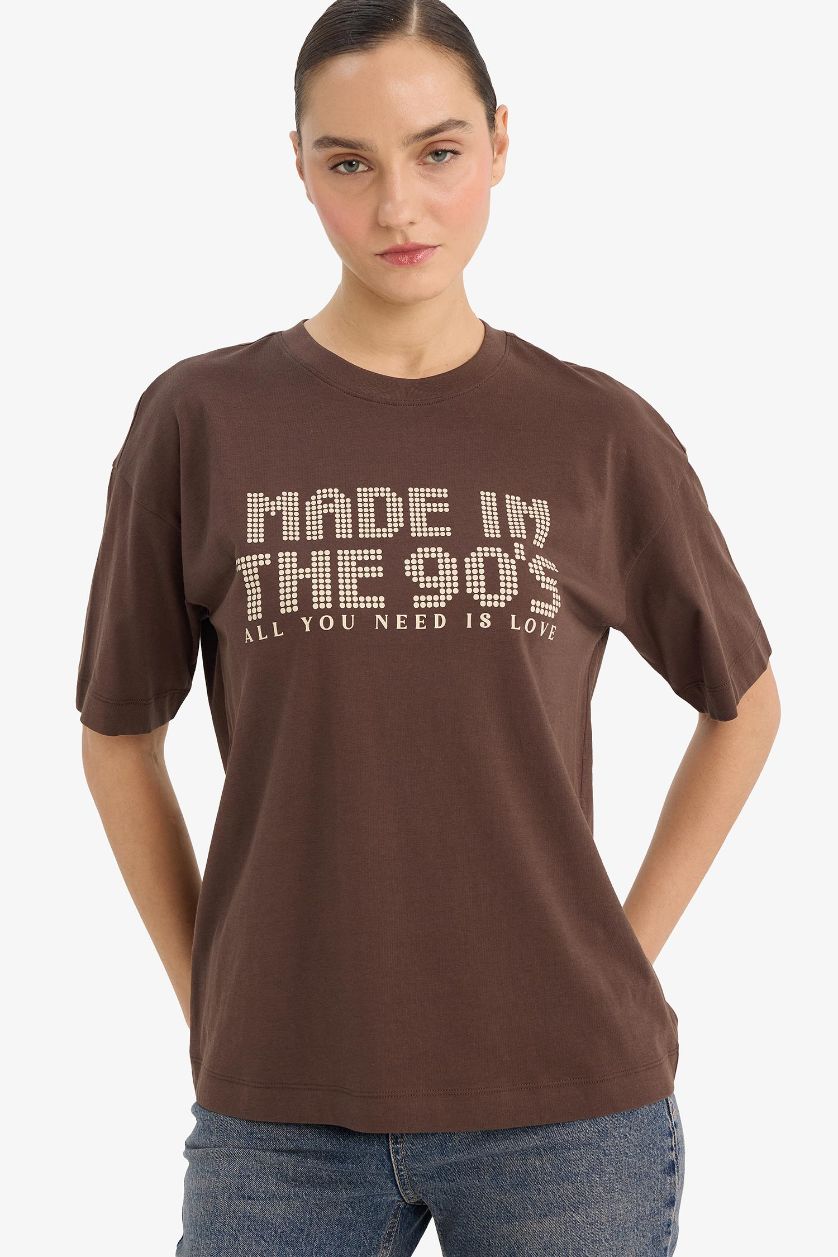 Woman Light Brown Oversize Fit Printed Crew Neck Short Sleeve T-shirt