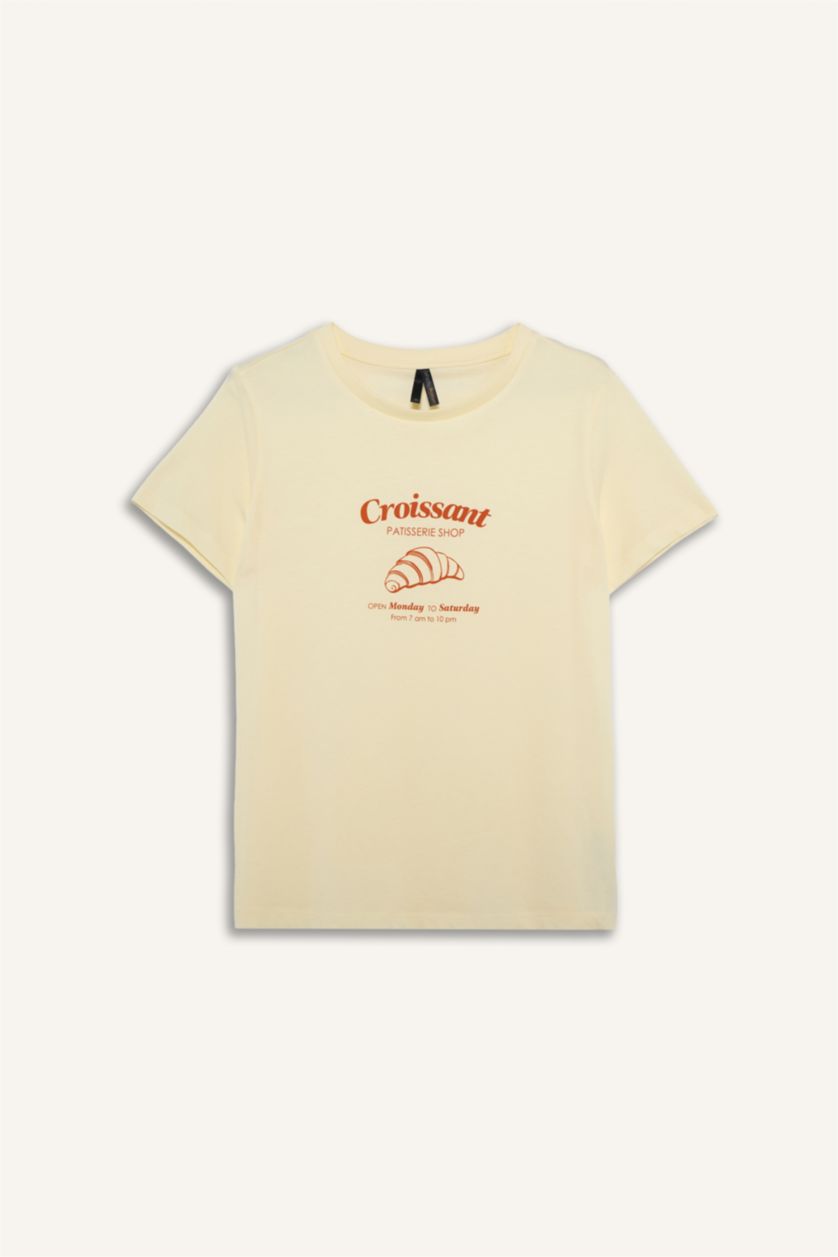 Женщины Светло-желтый Трикотажная футболка Regular Fit с круглым вырезом коротким рукавом и принтом-слоганом