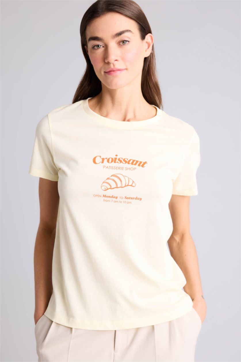 WOMAN Light Yellow Regular Fit Printed Crew Neck Short Sleeve T-Shirt