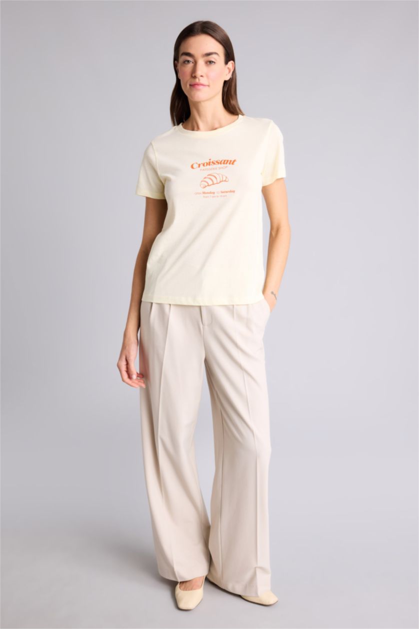 WOMAN Light Yellow Regular Fit Printed Crew Neck Short Sleeve T-Shirt