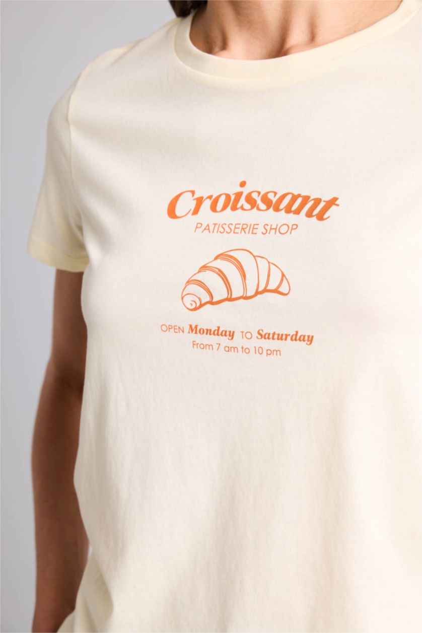 WOMAN Light Yellow Regular Fit Printed Crew Neck Short Sleeve T-Shirt