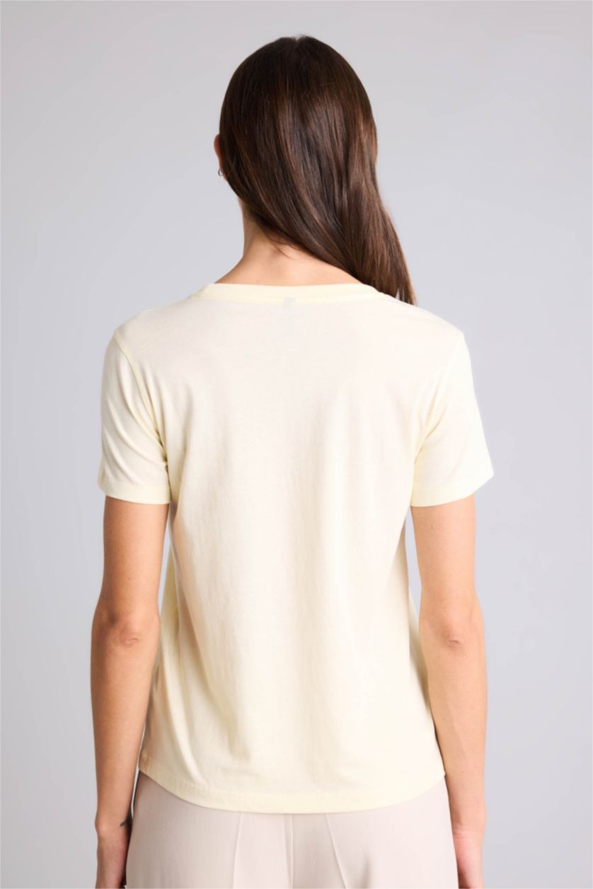 WOMAN Light Yellow Regular Fit Printed Crew Neck Short Sleeve T-Shirt