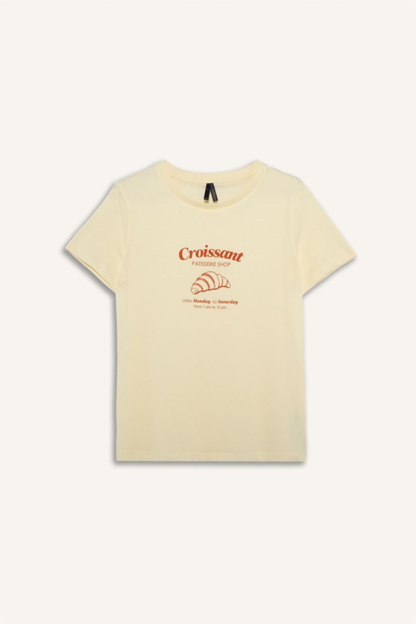 WOMAN Light Yellow Regular Fit Printed Crew Neck Short Sleeve T-Shirt