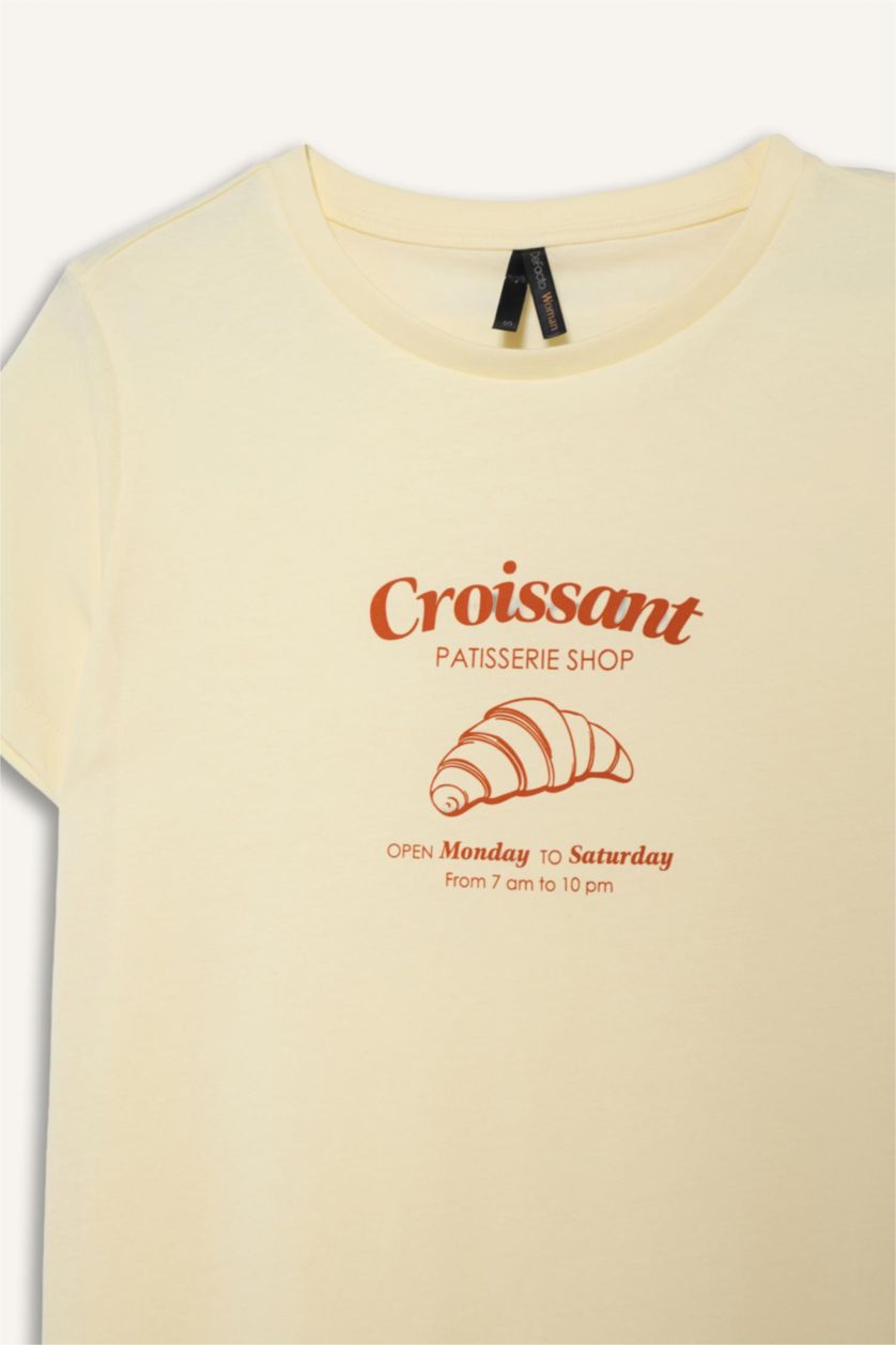 WOMAN Light Yellow Regular Fit Printed Crew Neck Short Sleeve T-Shirt