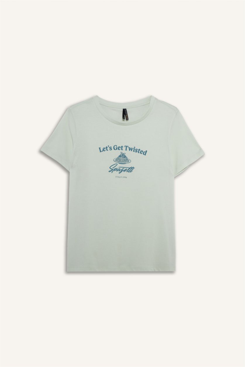 Женщины Светло-мятный Трикотажная футболка Regular Fit с круглым вырезом коротким рукавом и принтом-слоганом