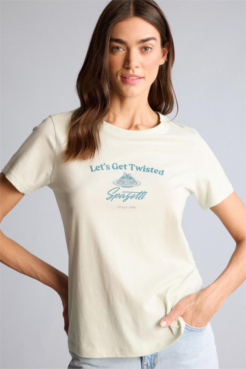 WOMAN Light Mint Regular Fit Printed Crew Neck Short Sleeve T-Shirt