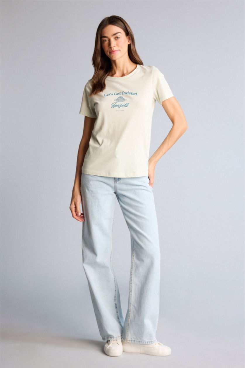 WOMAN Light Mint Regular Fit Printed Crew Neck Short Sleeve T-Shirt