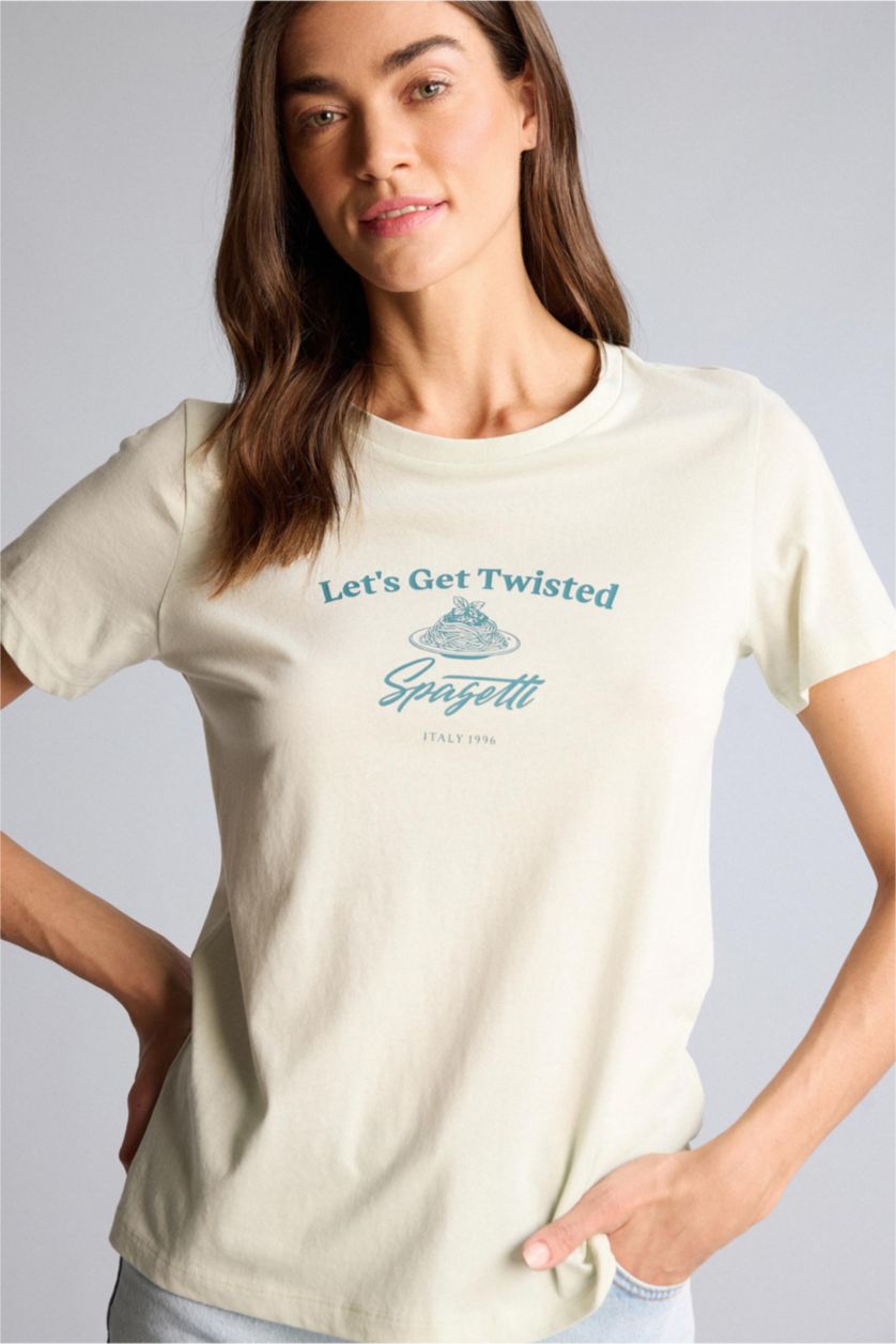 WOMAN Light Mint Regular Fit Printed Crew Neck Short Sleeve T-Shirt