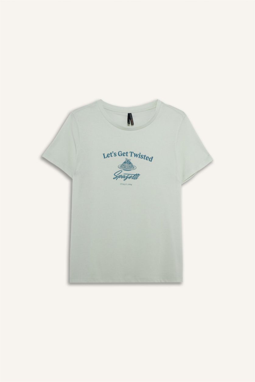 WOMAN Light Mint Regular Fit Printed Crew Neck Short Sleeve T-Shirt